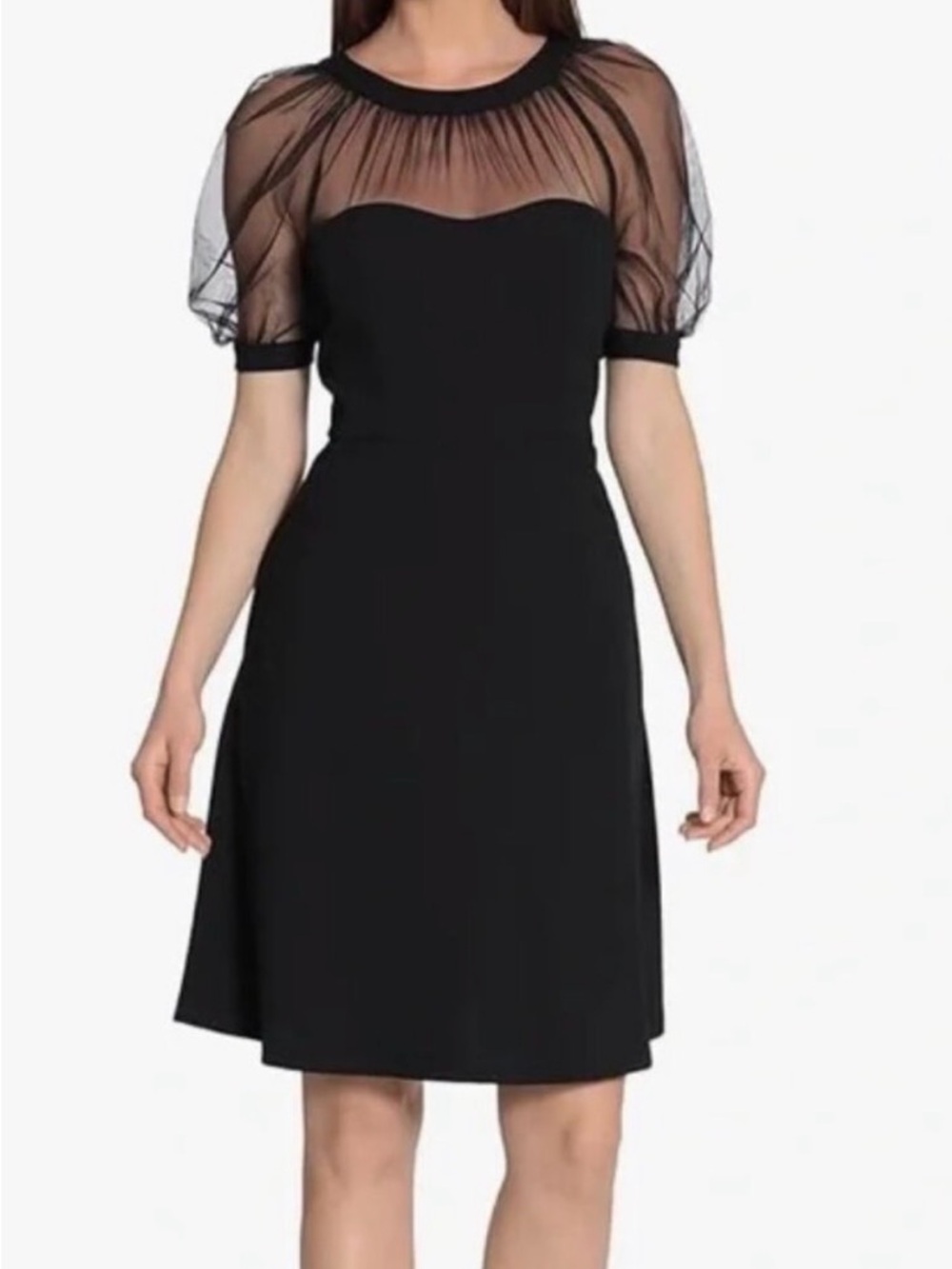 Maggy London Dress, Black Sheer Mesh Yoke Fit & Flare Dress, Women’s Size 14 - Picture 2 of 11